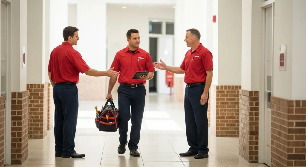 Three maintenance workers conversing in hallway