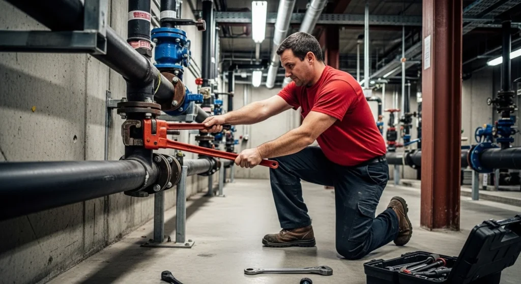 Technician tightening industrial pipes with large wrench