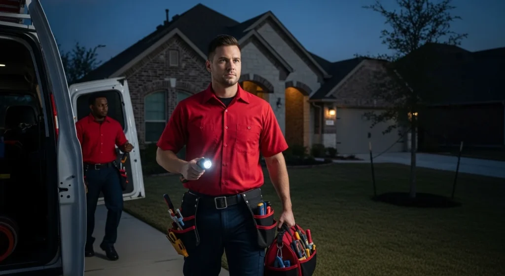 Technicians in red shirts with tools at night