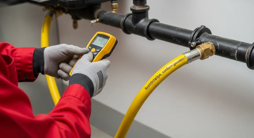 Technician testing yellow gas hose with detector