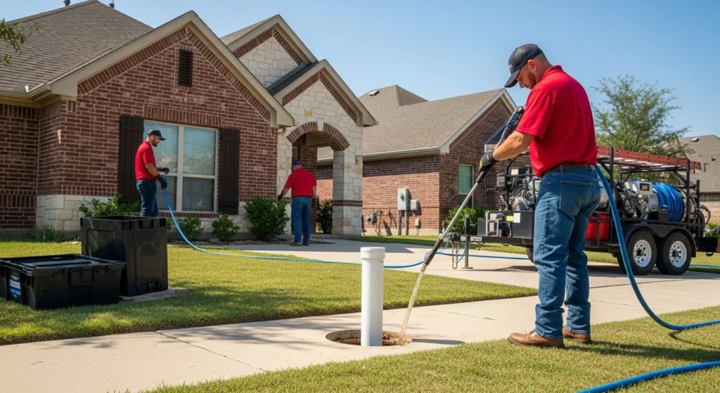 Technician servicing residential sewer line with hose