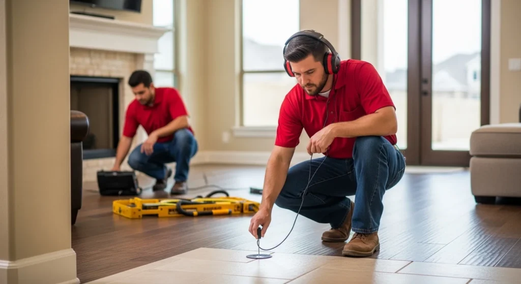 Technician testing flooring with handheld moisture sensor