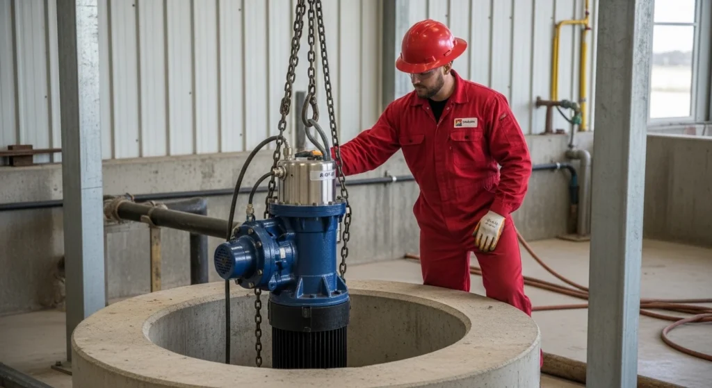 Worker lowering industrial pump into concrete pit