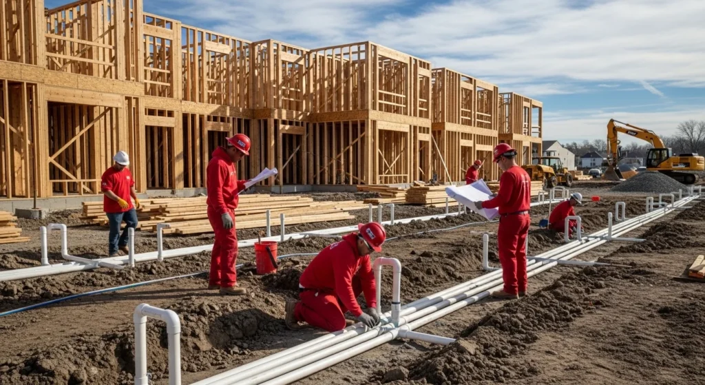 Workers installing pipes at residential construction site