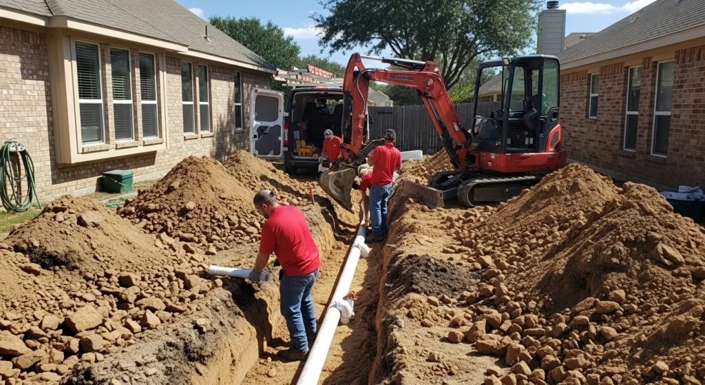 Workers installing underground PVC pipe with excavator