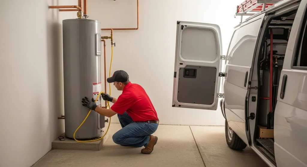 Technician inspecting water heater beside service van