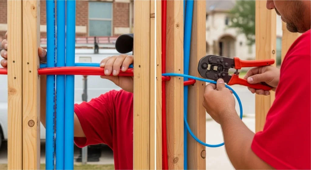 Worker crimping blue and red PEX pipes