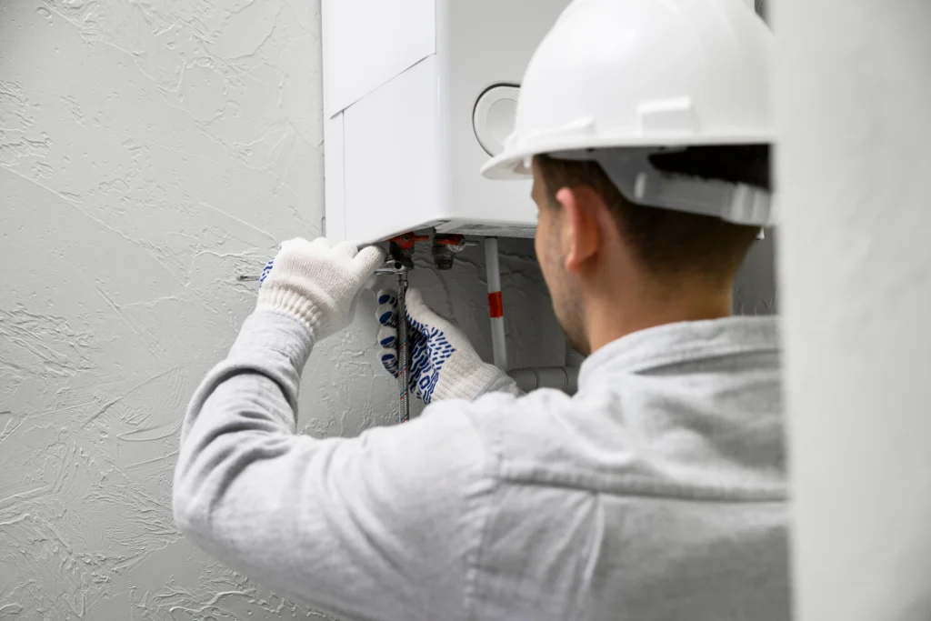 Worker in hard hat adjusts boiler piping
